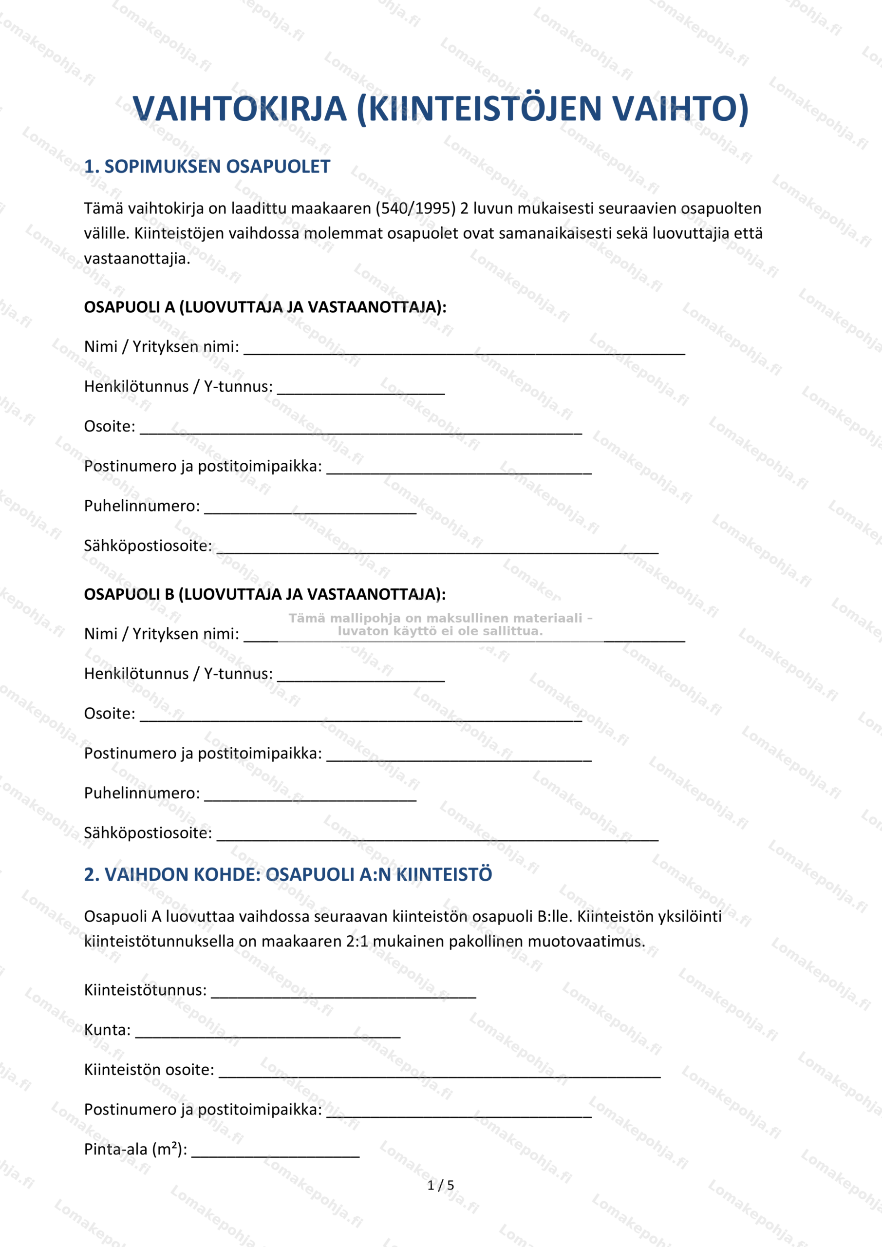 Vaihtokirja (kiinteistöjen vaihto) – Ladattava