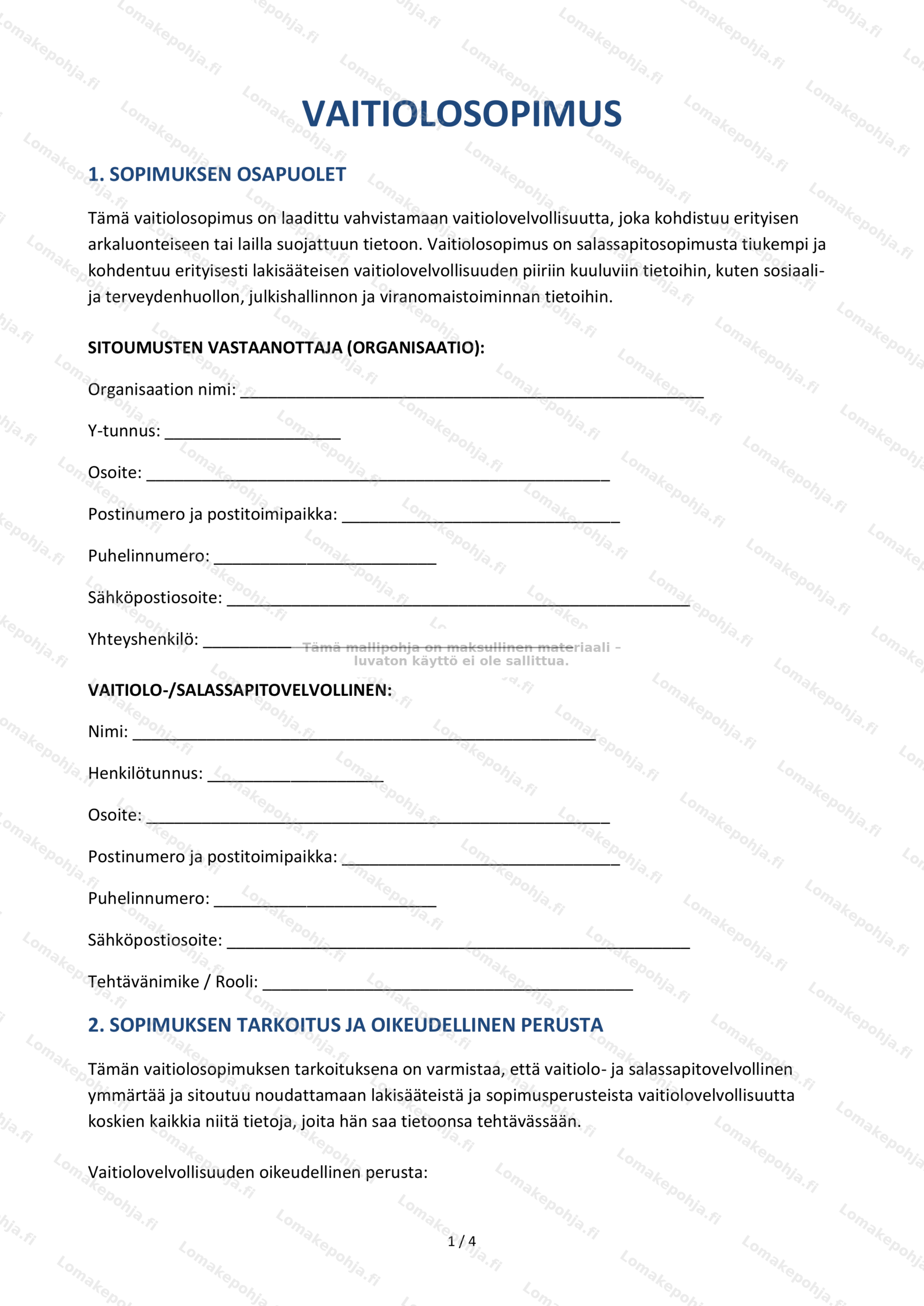 Vaitiolosopimus | Tulostettava mallipohja