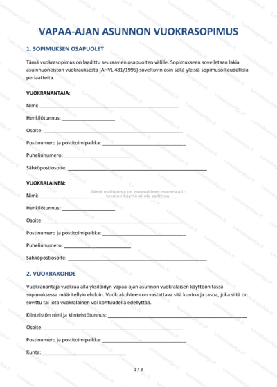 Vapaa-ajan asunnon vuokrasopimuksen ensimmäinen sivu skaalattuna.