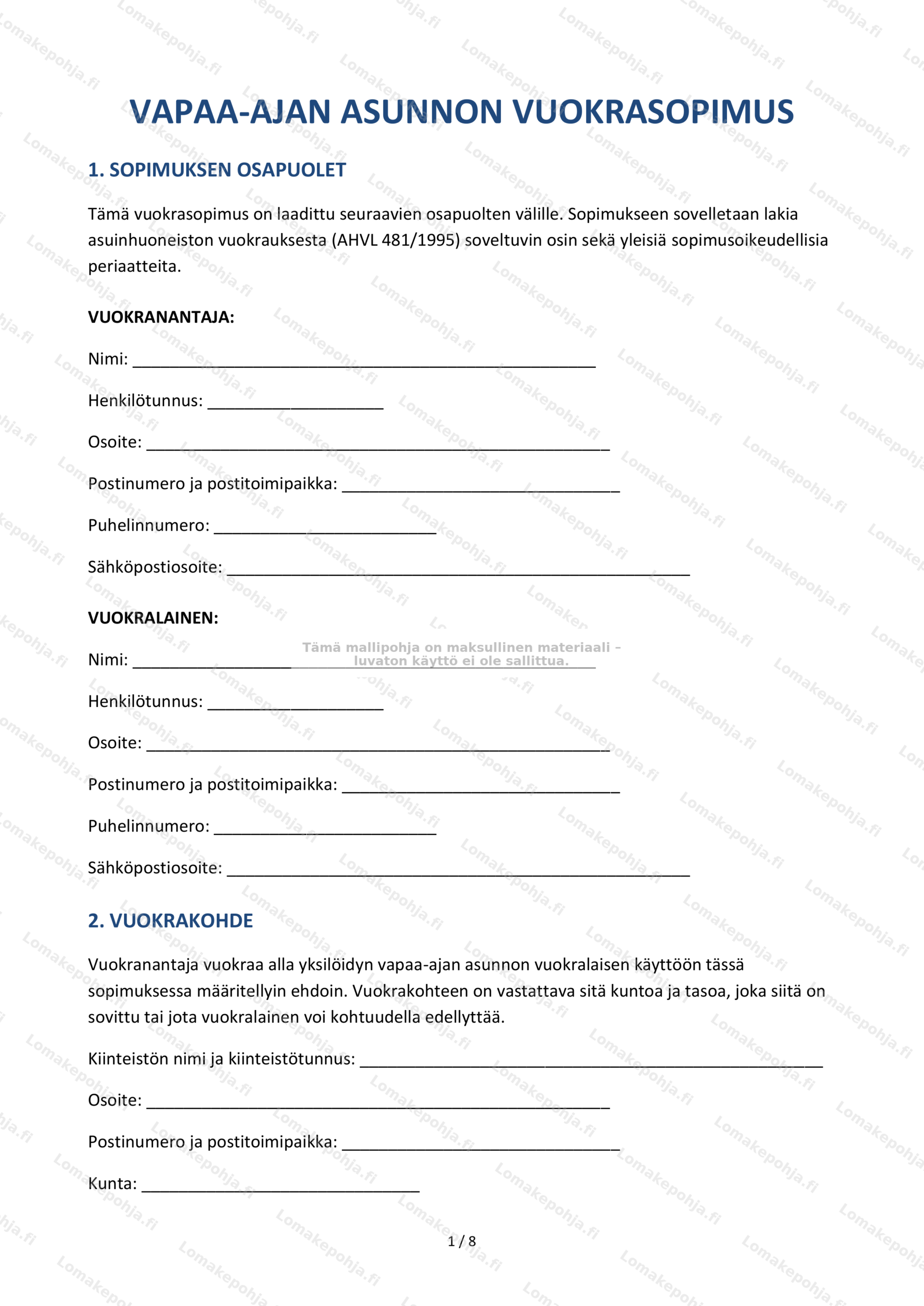 Vapaa-ajan asunnon vuokrasopimus — Mallipohja