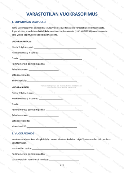 Varastotilan vuokrasopimus, sivu 1 – virallinen sopimusasiakirja