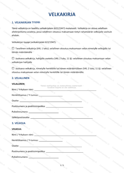 Velkakirjan sivu 1 – skannattu vanha dokumentti, näkyvää käsin kirjoitettua tekstiä.