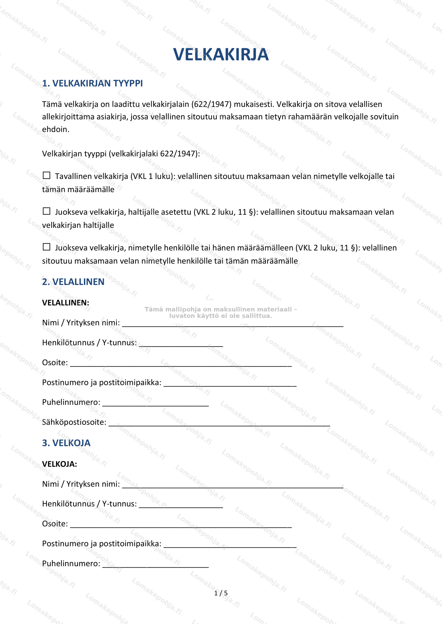 Velkakirja – Ladattava lomakepohja