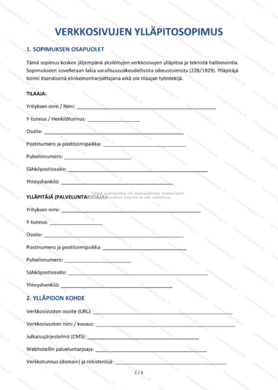 Kuva näyttää verkkosivujen ylläpitosopimuksen ensimmäiseltä sivulta.