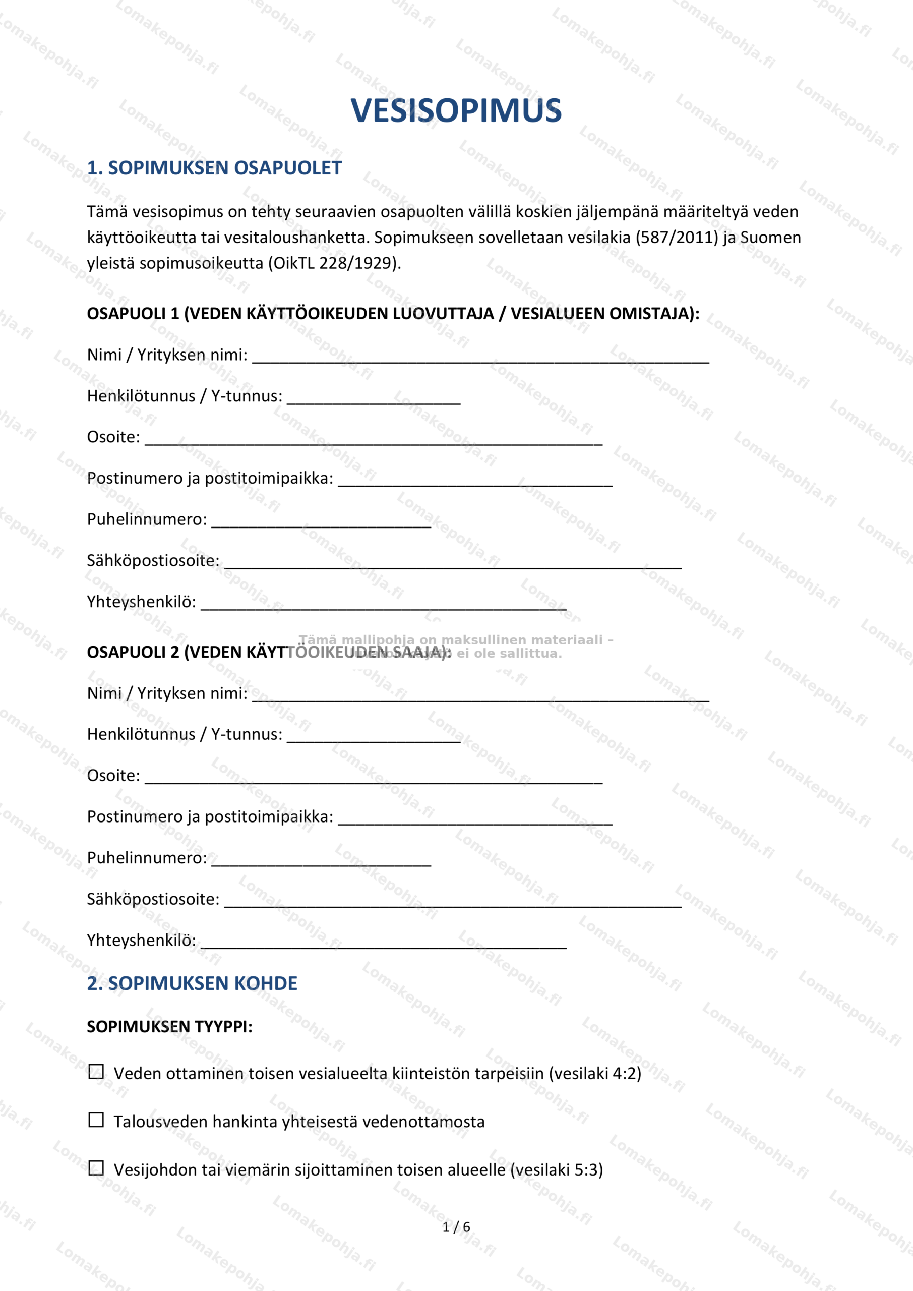 Vesisopimus – Tulostettava mallipohja