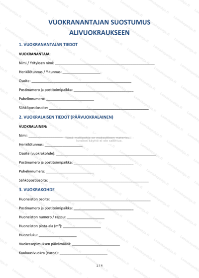 Lomake: vuokranantajan suostumus alivuokraukseen, sivu 1