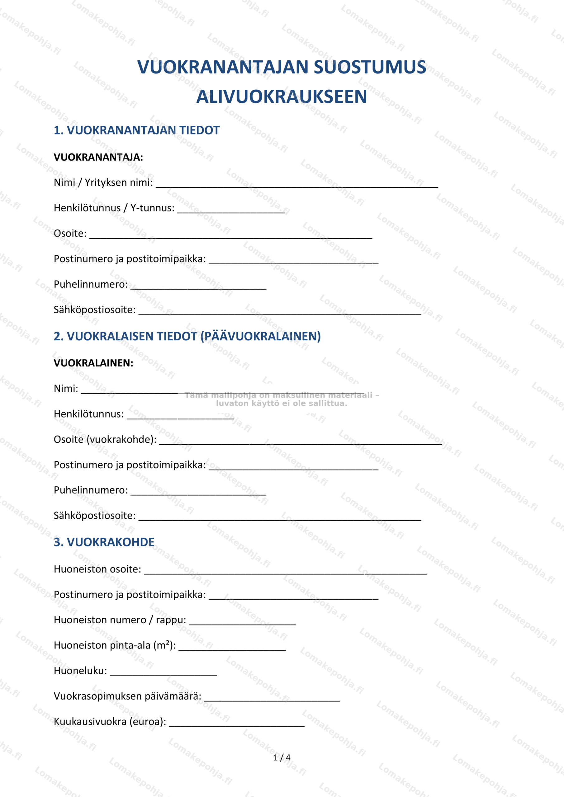 Vuokranantajan suostumus alivuokraukseen