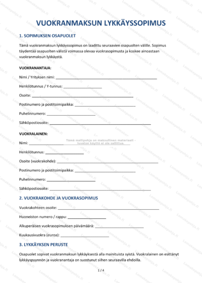 Vuokranmaksun lykkäyssopimus - sivu 1