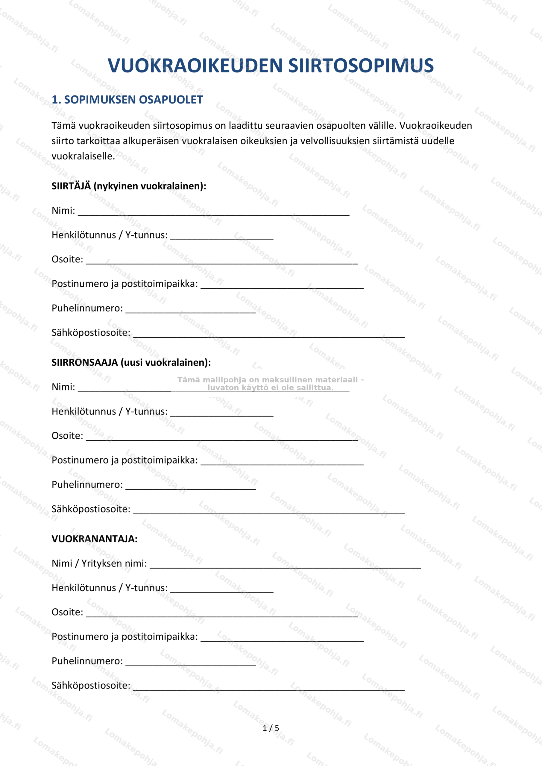 Vuokraoikeuden siirtosopimus — Lomakepohja