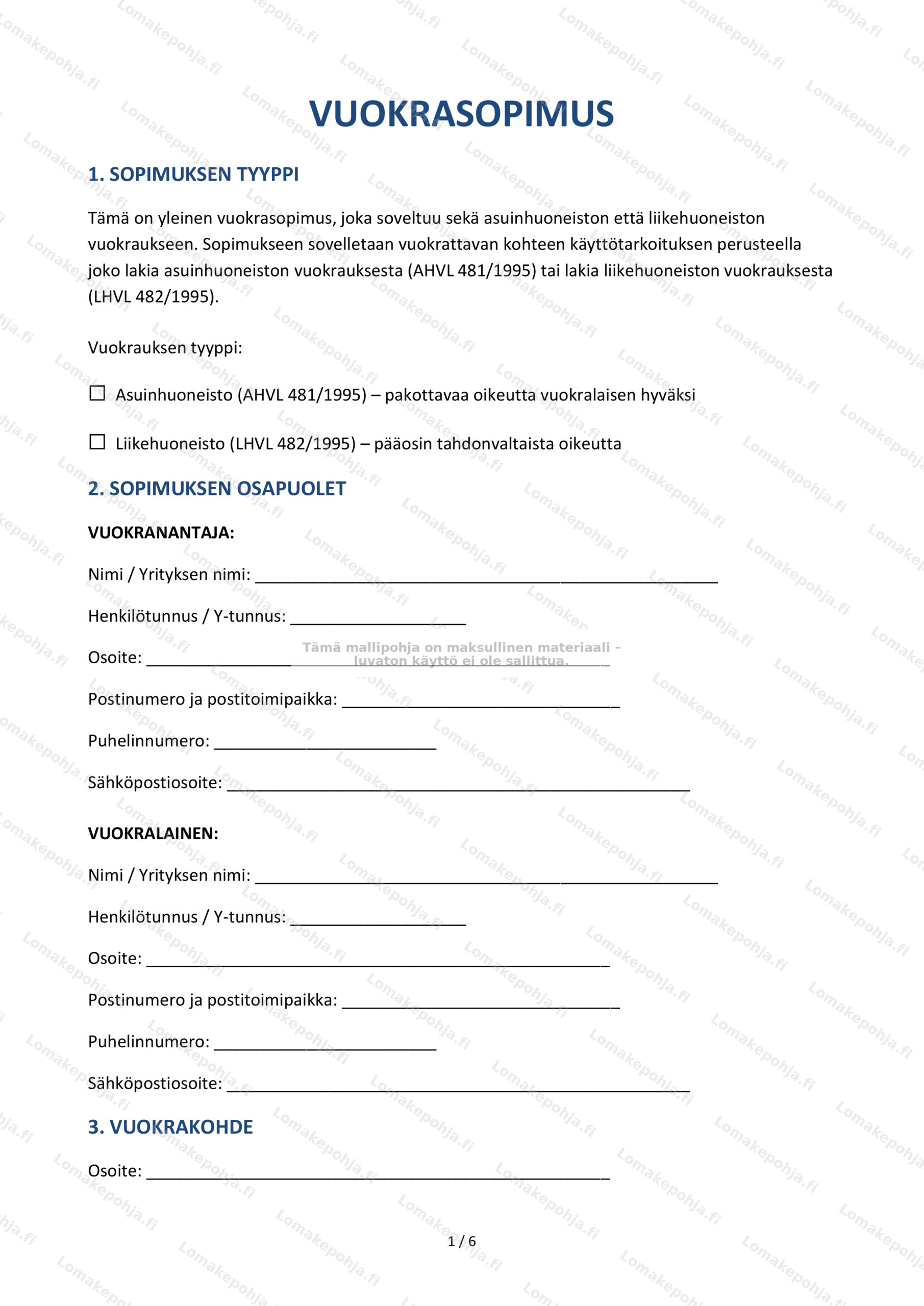 Vuokrasopimus | Muokattava sopimusmalli