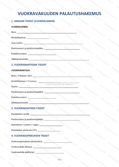 Kuva vuokravakuuden palautushakemuksen täyttölomakkeesta (sivu 1)