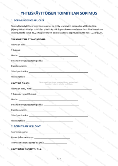 Kuvassa näkyy yhteiskäyttöisen toimitilan sopimuksen sivu 1 (skaalattu).