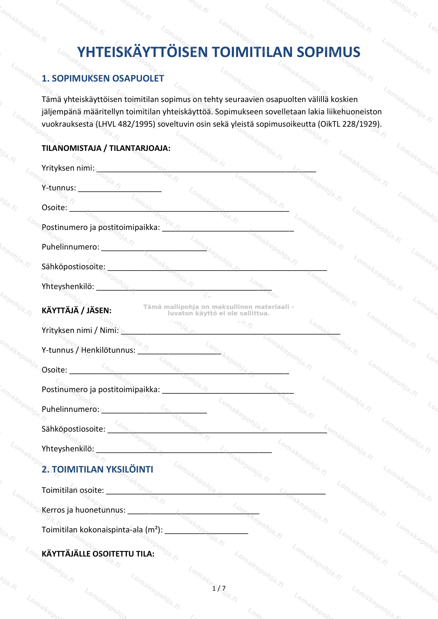 Yhteiskäyttöisen toimitilan sopimus | Lomakepohja