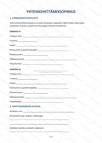 Yhteiskehityssopimuksen sivu 1, skaalattu dokumentti, jossa näkyy oikeudellisen sopimuksen teksti.