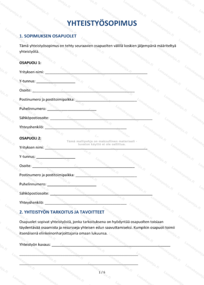 Yhteistyösopimuksen ensimmäisen sivun skaalattu versio, asiakirja näkyvissä.