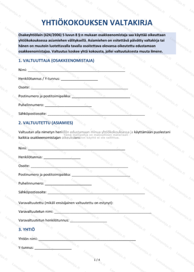 Yhtiökokouksen valtakirja - ensimmäinen sivu (skannattu kopio).