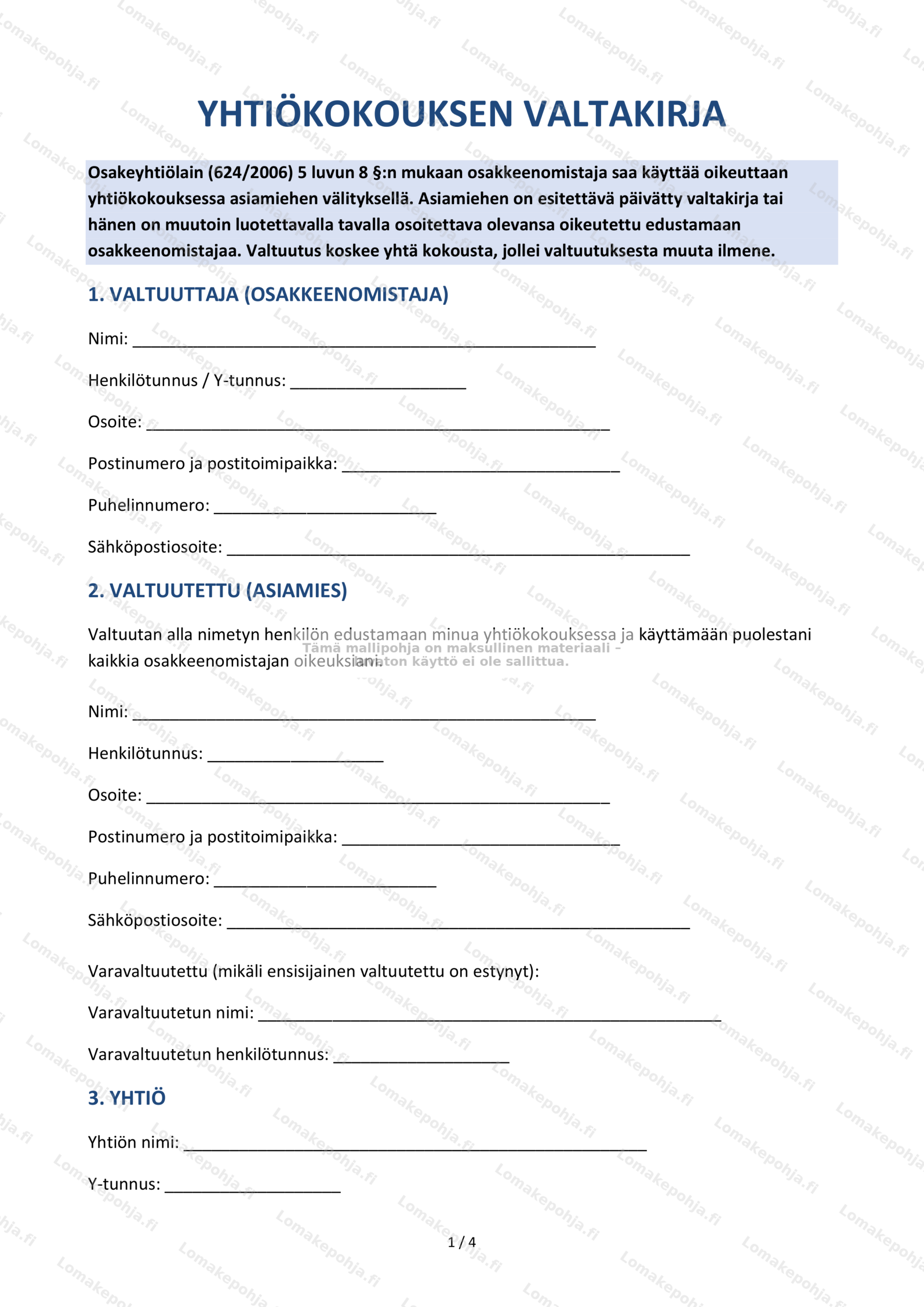 Yhtiökokouksen valtakirja – Tulostettava mallipohja