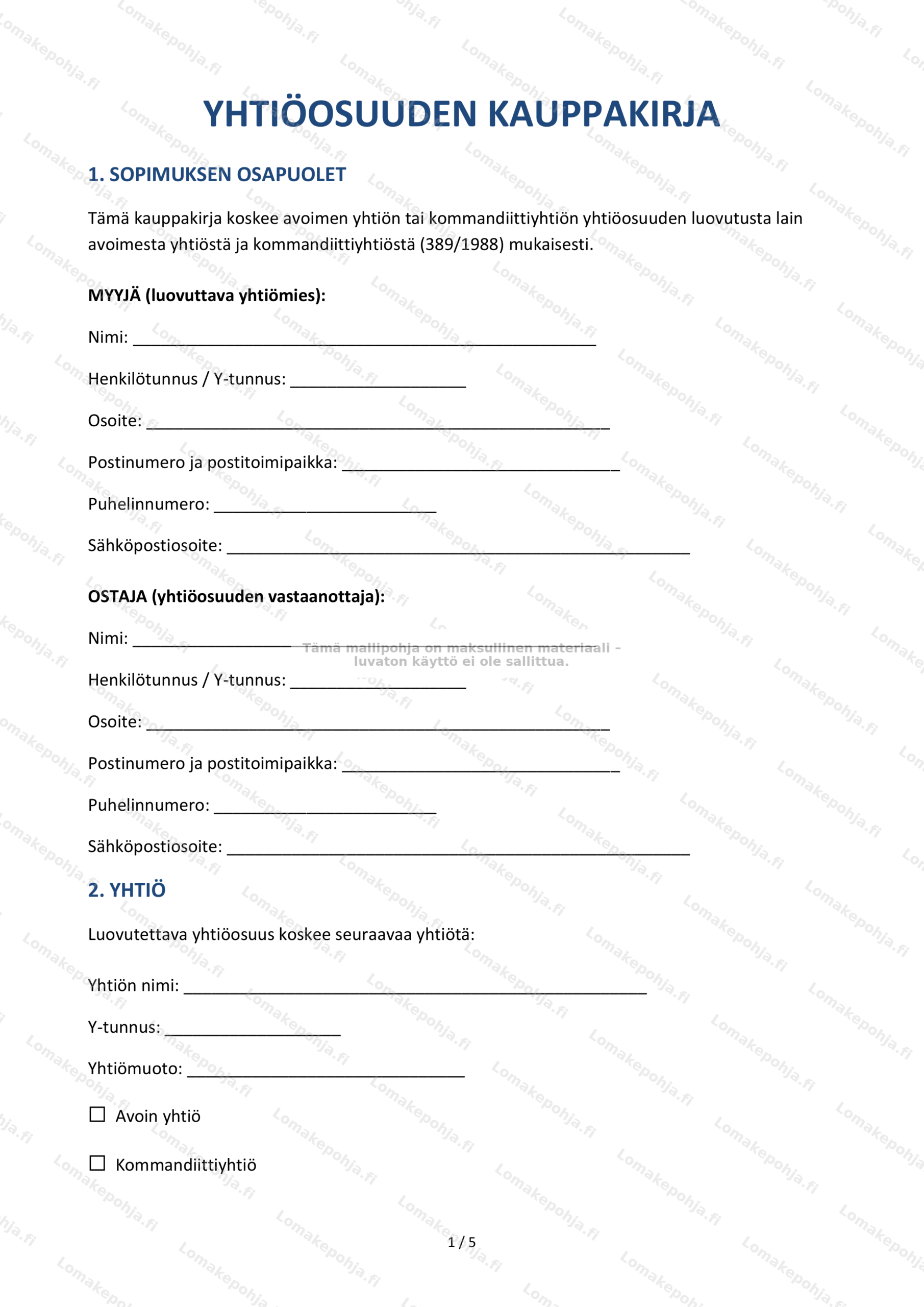 Yhtiöosuuden kauppakirja — Mallipohja