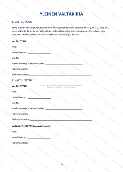 Yleisen valtakirjan ensimmäinen sivu, virallinen asiakirja – skaalattu kopio.