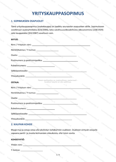 Yrityskauppasopimus-asiakirja, sivu 1, skaalattu kuva
