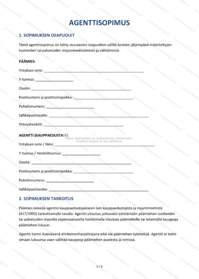 Agenttisopimuksen ensimmäinen sivu skaalattuna—asiakirja, jossa näkyy tekstiä ja allekirjoitusalue.