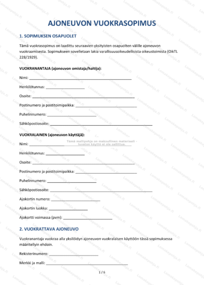 Ajoneuvon vuokrasopimus, ensimmäinen sivu, näkyvää tekstiä ja allekirjoitusalueet.