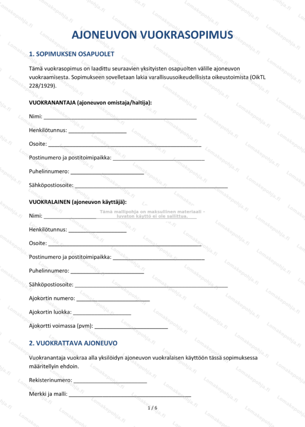 Ajoneuvon vuokrasopimus | Mallipohja Word & PDF