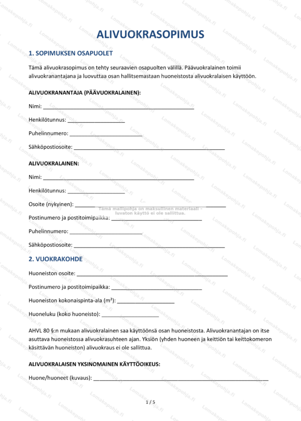 Alivuokrasopimus – Muokattava pohja Word & PDF