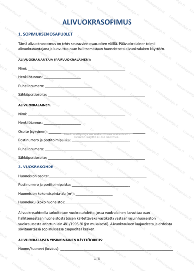 Alivuokrasopimuksen ensimmäinen sivu näkyvissä, jossa tekstiä ja allekirjoituspaikat.