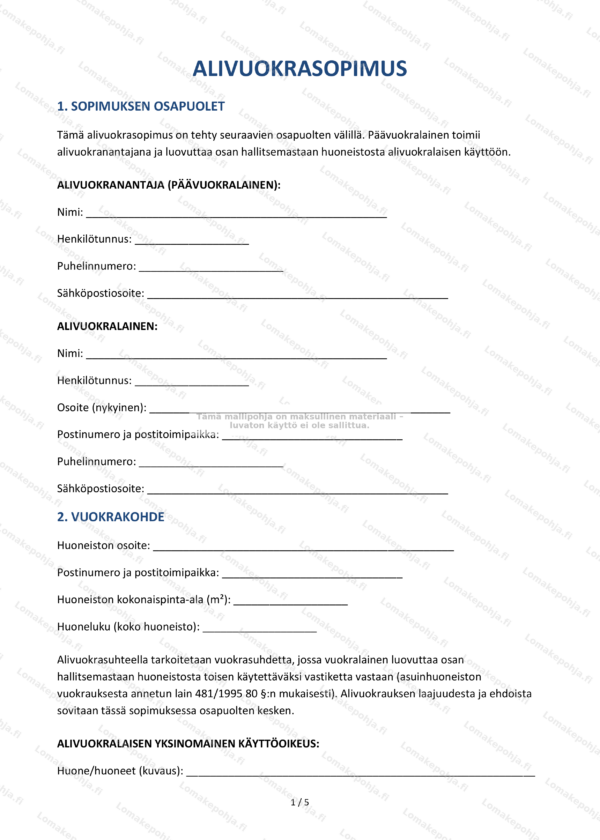 Alivuokrasopimus – Muokattava pohja Word & PDF