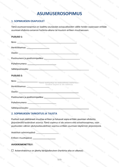 Asumuserosopimus-asiakirjan ensimmäinen sivu, skaalattu kuva