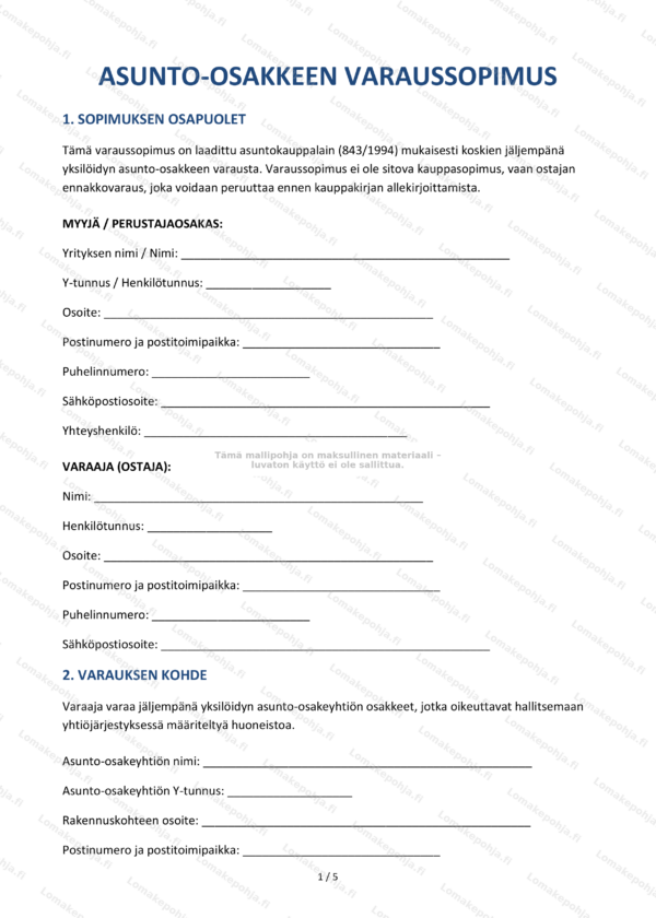 Asunto-osakkeen varaussopimus – Ladattava Word & PDF