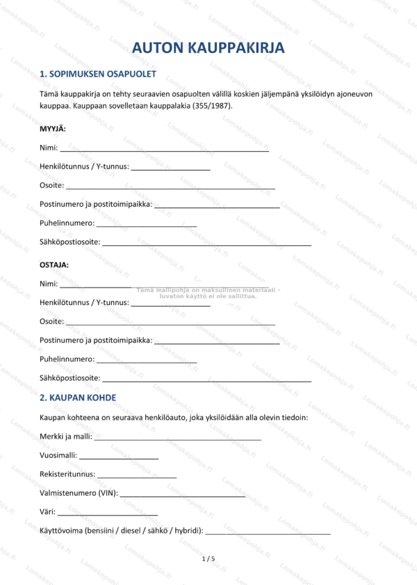 Auton kauppakirja — Ladattava Word & PDF