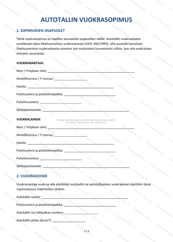 Autotallin vuokrasopimus | Sopimusmalli Word & PDF