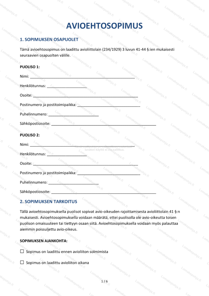 Avioehtosopimus Muokattava Mallipohja Word PDF