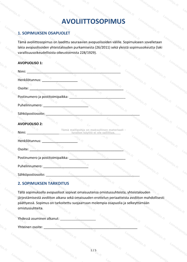 Avoliittosopimus | Lomakepohja Word & PDF