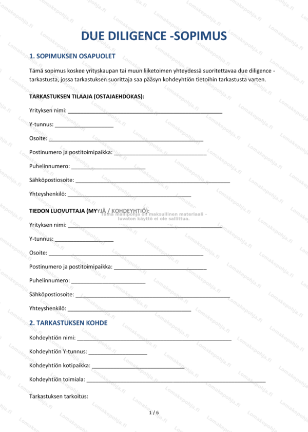 Due diligence -sopimus — Muokattava pohja Word & PDF
