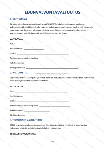 Edunvalvontavaltuutuksen ensimmäinen sivu, skannattu asiakirja.