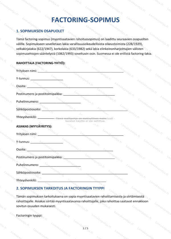 Factoring-sopimus | Ladattava Word & PDF