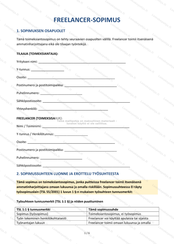 Freelancer-sopimus — Ladattava Word & PDF