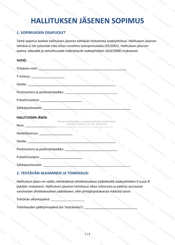Hallituksen jäsenen sopimus – Mallipohja