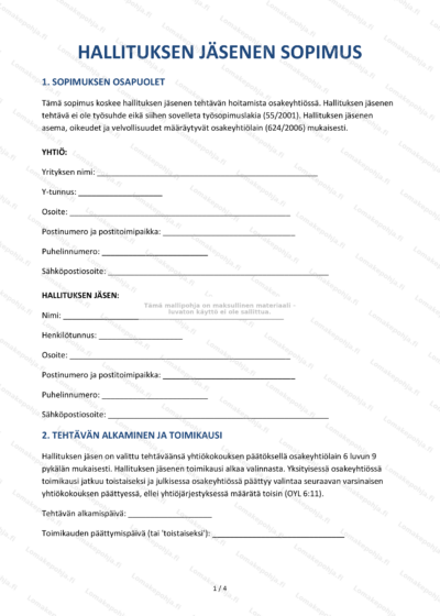 Hallituksen jäsenen sopimus – sivu 1