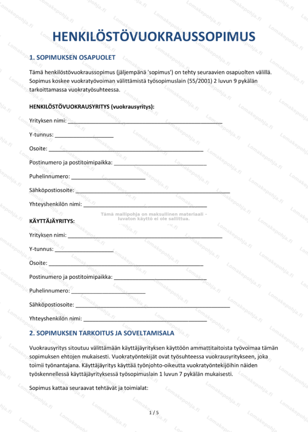 Henkilöstövuokraussopimus — Sopimusmalli