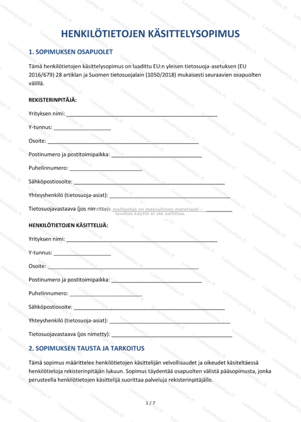 Henkilötietojen käsittelysopimus (DPA) – Word & PDF