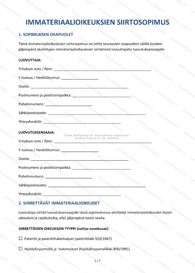 Kuvassa on immateriaalioikeuksien siirtosopimus – sivu 1 (skaalattu), oikeudellinen asiakirja.