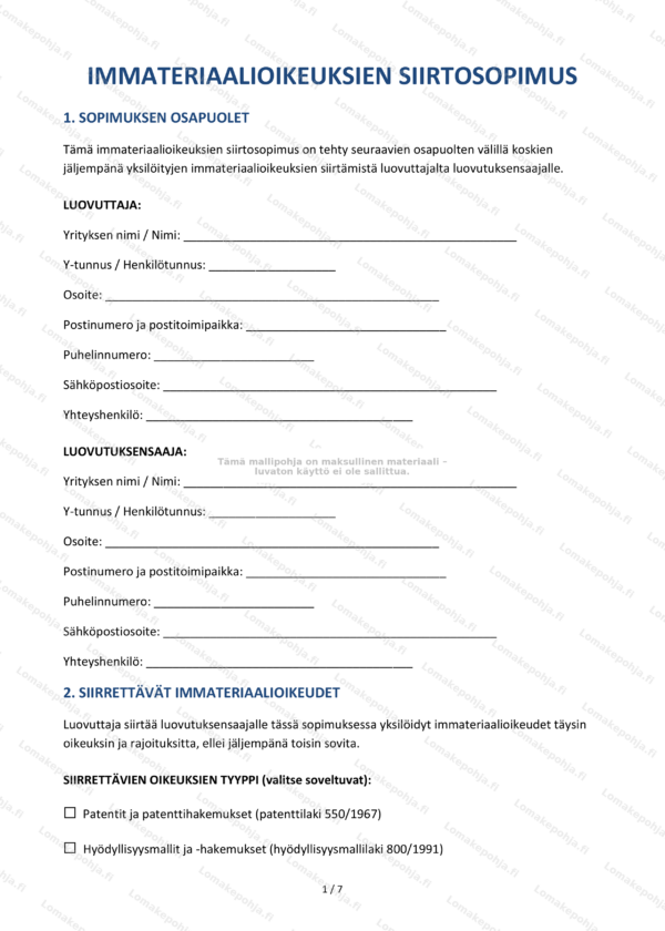 Immateriaalioikeuksien siirtosopimus | Word & PDF