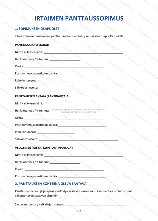 Irtaimen panttaussopimus — Lomakepohja Word & PDF
