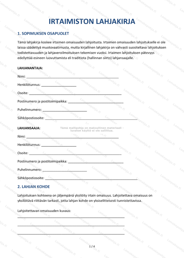 Irtaimiston lahjakirja — Ladattava Word & PDF-pohja