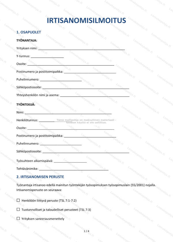 Irtisanomisilmoitus | Työsuhteen sopimusmalli Word & PDF