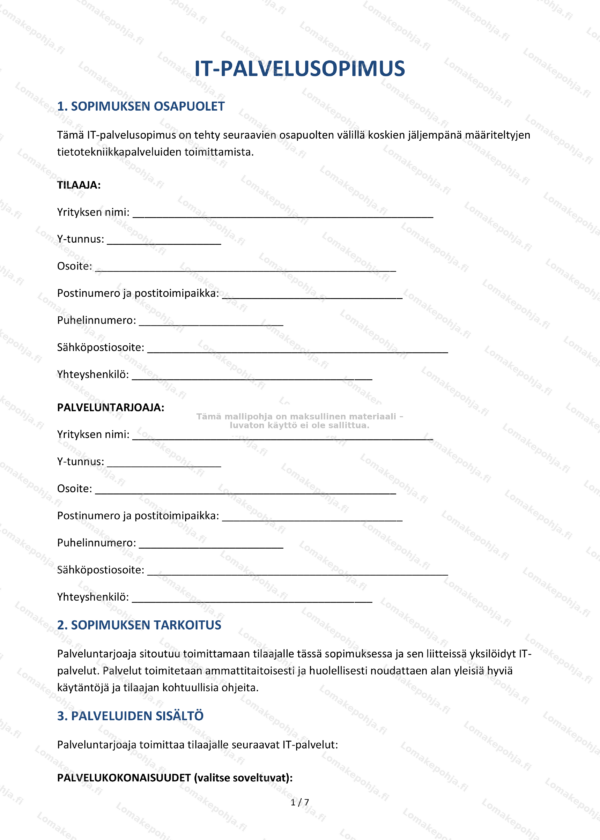IT-palvelusopimus | Muokattava sopimusmalli Word & PDF